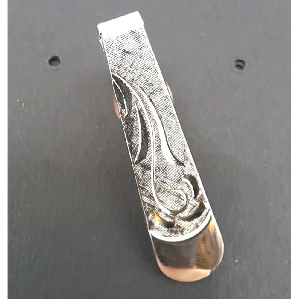 Vintage Silver Tone Tie Clip Etched Scroll Crosshatch Mid Century Mens